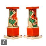 Clarice Cliff - Sunrise - A pair of shape 392 square stepped candlesticks circa 1930 hand painted