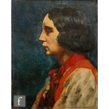 English School (Circa 1930) - Profile portrait of a young woman wearing a red scarf, oil on board,