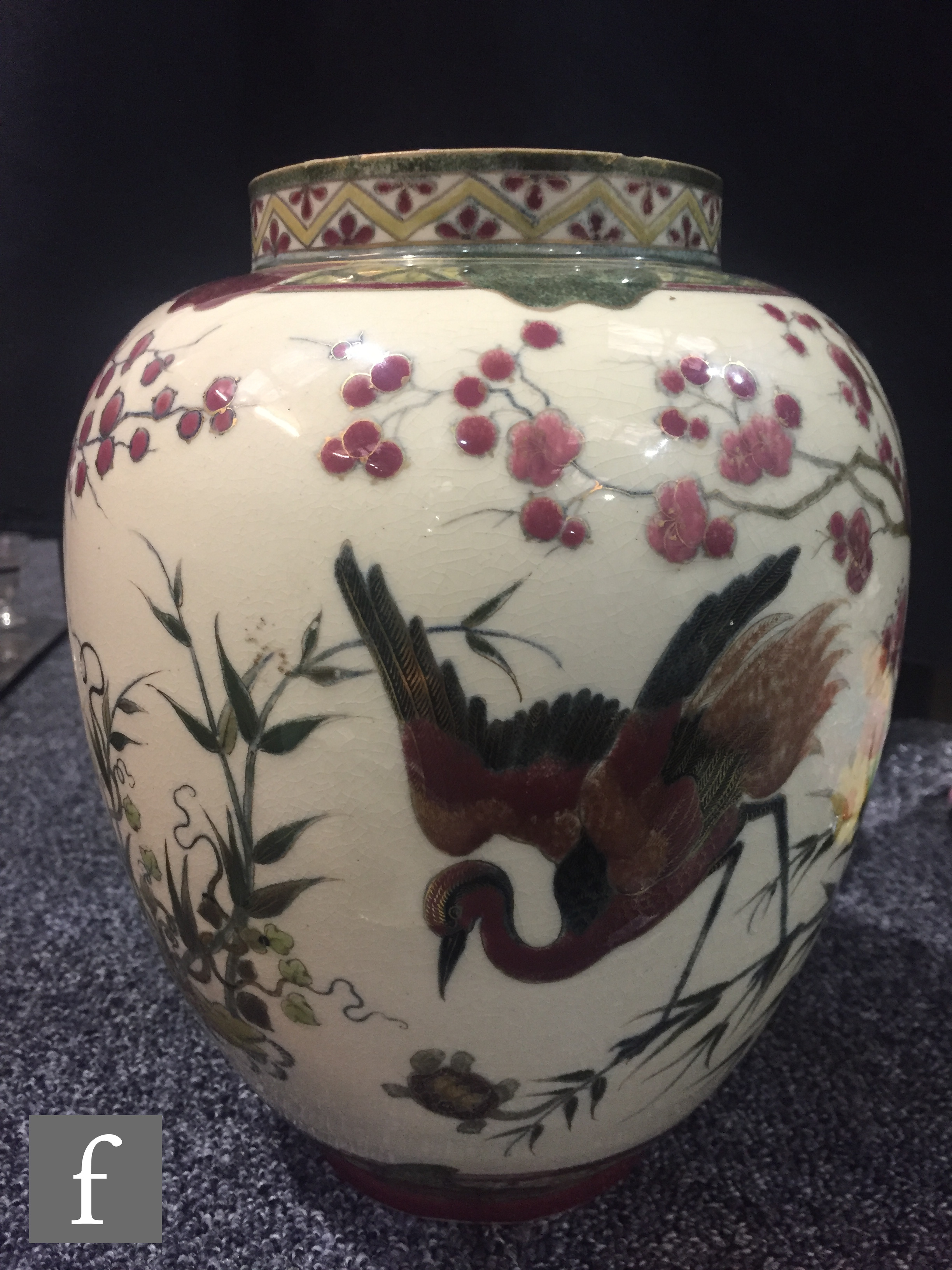Zsolnay Pecs - An early 20th Century Aesthetic vase of swollen ovoid form decorated with crane - Image 4 of 7