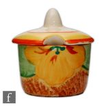 Clarice Cliff - Nasturtium - A Muffineer shaped mustard pot and cover circa 1932, hand painted