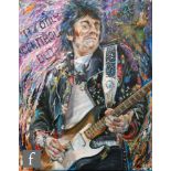 Paul Basford (Contemporary) - 'Woody', Ronnie Wood playing guitar, acrylic on canvas, signed,