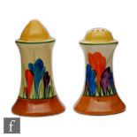 Clarice Cliff - Crocus - A pair of Muffineer salt and pepper shakers circa 1930, hand painted with