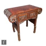 A Chinese Huanghuali style altar table, the yoke form supports rising to a twin plank top with