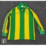 A Derek Statham match worn West Bromwich Albion shirt No3, yellow and green stripes, Umbro logo,