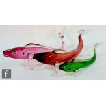 A 20th century Czechoslovakian glass fish with a pink hollow body and applied clear glass fins,