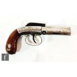 A late 19th and early 20th Century Manhattan three shot pepper box pistol, engraved action and