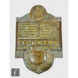 A 1940s bronze touring trophy plaque Fabelta inscribed 1942 Par-Dor Tubize Setilose, 38cm x 25cm.