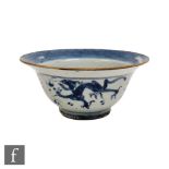 A Chinese blue and white porcelain bowl (Kangxi 1668-1722), of footed form with a wide flared rim,