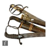 Two 19th Century sabres, one with wire ray skin grip and the other wood, a basket sabre, ladling