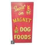 A 1960s pictorial advertising sign for Magnet dog food with adverts for Walsh's products,