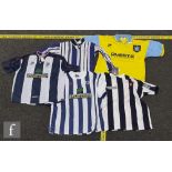 A West Bromwich Master blue and white signed players shirt, a yellow and pale blue shirt, logo Guest