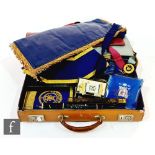 A parcel lot of assorted Masonic regalia to include five silver jewels, aprons, cuffs and ephemera