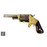 A USA .32 cal Slocum front loading pin fire five shot revolver, No 9095, floral engraved brass