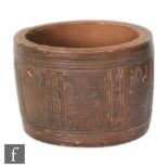 A Chinese Yixing 'Eight Xian Immortals' brushpot, Bitong, the cylindrical form pot inscribed to