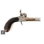 A small 19th Century percussion muff pistol, engraved action, unnamed, chequered butt, 4.5cm