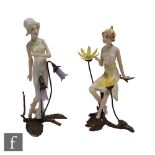 Three Albany Fine China models of fairies stood on bronzed metal mounts with flowers, the first in