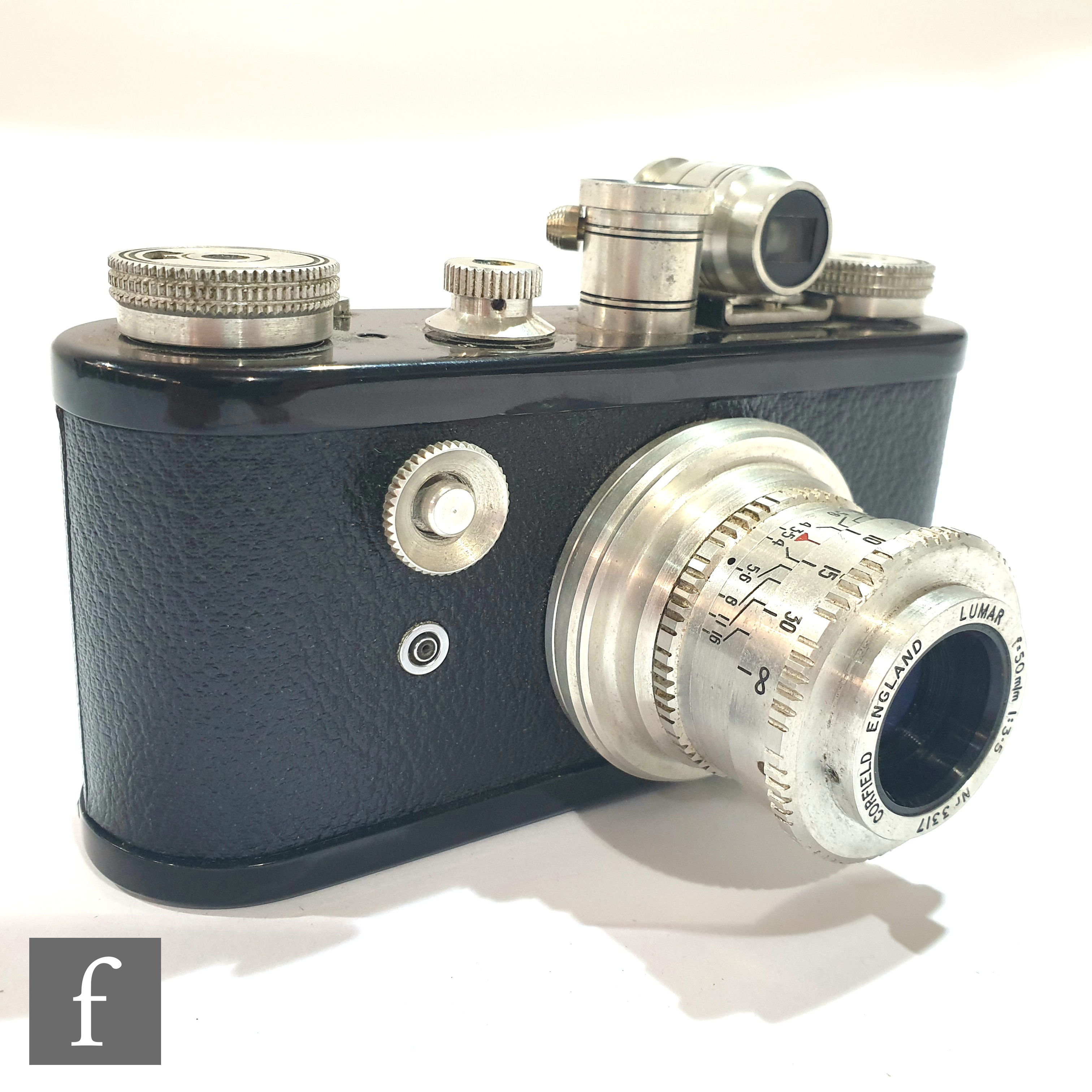 A 1954 Corfield Periflex I 35mm film camera, the black casing with Snap-on viewfinder and SLR-type