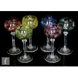 A set of six Val St Lambert wine glasses the ovoid bowl above a faceted stem and a radial star cut