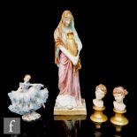 A Naples figure of a lady dressed in robes holding a gilt vase, height 23cm, S/D, together with a