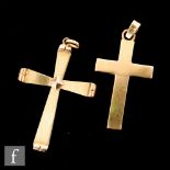 Two 18ct gold crosses, one of plain form the other with curled detail to terminals, length 4.5cm and