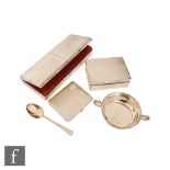 Two hallmarked silver cigarette boxes, a silver cigarette case, a twin handled porringer and a