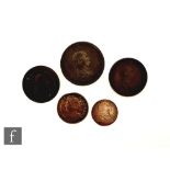 Five Anne to George III coins to include a shilling 1711, A/F, a sixpence 1787, a penny 1806 and two