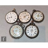 Four continental open faced key and crown wind fob watches, each with Roman numerals to a white