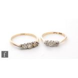 A mid 20th Century 18ct three stone diamond ring with another 18ct five stone diamond ring, total