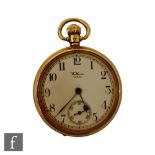 An 18ct hallmarked open faced crown wind pocket watch, Arabic numerals to a white enamelled dial,