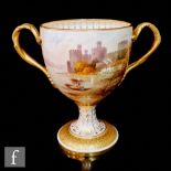 A later 20th Century twin handled pedestal cup decorated in the round by J. Ellis with hand