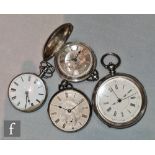 Four hallmarked silver pocket watches to include a chronograph, a full hunter, a fusee and a verge