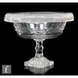 A late 18th Century glass pedestal bowl, circa 1790, of oval form with turn over rim, with cut