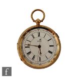 An 18ct hallmarked chronograph open faced key wind pocket watch, Roman numerals to white enamelled