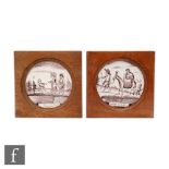 Two framed plastic clay tiles in the 18th Century style, each decorated in manganese with biblical