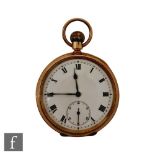 A 9ct hallmarked open faced crown wind pocket watch, Roman numerals to a white enamelled dial,