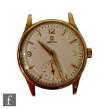 A gentleman's 9ct hallmarked Omega wrist watch, Arabic numerals and batons to a cream circular dial,