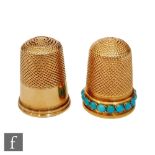 Two gold thimbles to include one set with a band of turquoise, unmarked, tested as 14ct.
