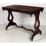 A Victorian rectangular walnut Side or Hall Table, on lyre supports, united by stretcher.