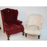A 19th Century wing Armchair, covered in wine coloured moquette, and a small Victorian Armchair.
