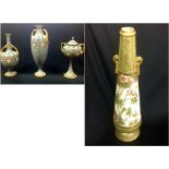An unusual suite of 3 pieces of Royal Worcester porcelain Vases, etc., pattern R.N.