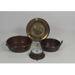 Two heavy antique copper Preserving Pans, a circular brass Wall Barometer,