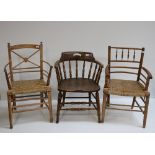 Two attractive similar beech Elbow Chairs, with twined seats,