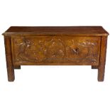 A late 18th / early 19th Century oak carved Coffer, possibly Spanish,