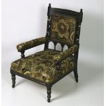A 19th Century Aesthetic movement ebonised and gilt highlighted Open Armchair, of low proportions,
