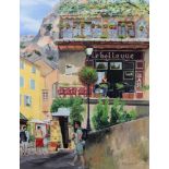 T. Murakami, 21st Century "La Bellevue Bar," O.O.Linen, French village scene with figures, approx.