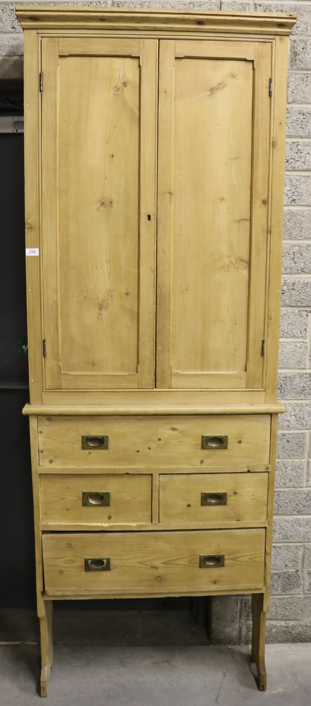 A collection of pitch pine Kitchen Items, including hanging press, wardrobe, and two drawer press,