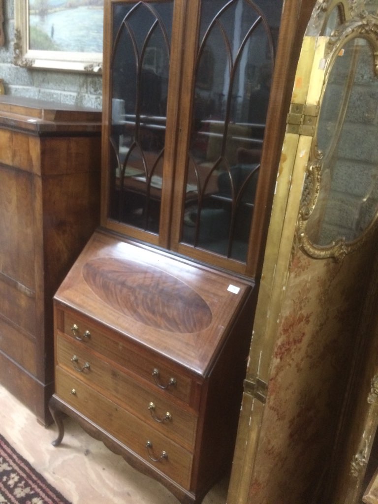 An Edwardian slope front Bureau, with fitted interior above three drawers raised on cabriole legs, - Image 4 of 6