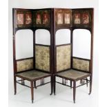 An Arts & Crafts style two piece Conversation Chair, the top with panelled prints of elegant ladies,
