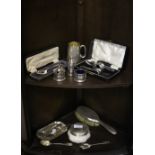 Box of silver and plated Items, spoons, brushes, etc., some cased. As a lot, w.a.f.
