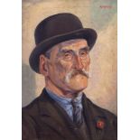 Harry Kernoff R.H.A. (1900 - 1974) "The Trade Unionist," with bowler hat and poppy in lapel, O.O.C.